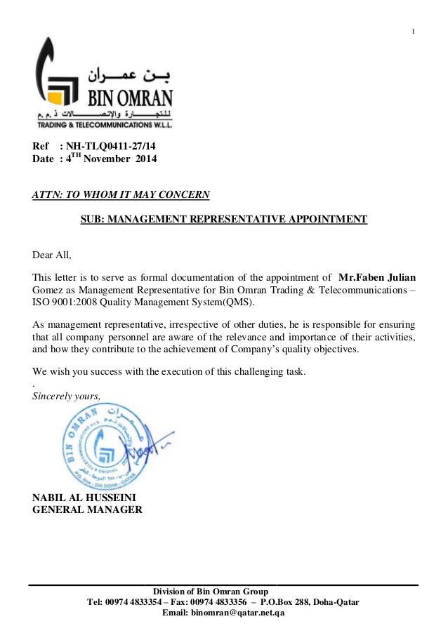 Iso 9001 Management Representative Appointment Letter
